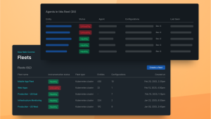 Dashboards für die Flottenkontrolle mit Flotten-Health, Flottenarten, Anzahl der Entities, Konfigurationen und Erstellungszeit.